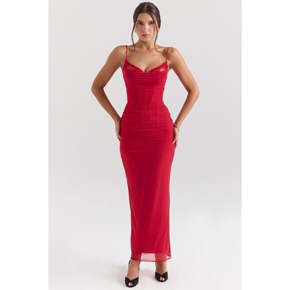 House of CB Nalini Holly Red Mesh Corset Maxi Dress - Picture 1 of 3